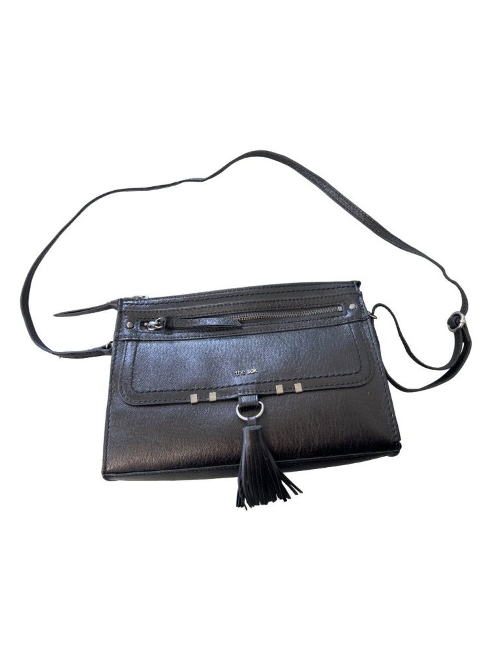 The Sak Leucadia Crossbody Bag Leather Black Silver Tassel Adjustable Strap Chic